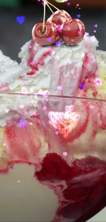 Delectable ice cream with strawberry and vanilla swirls in a glass dish.