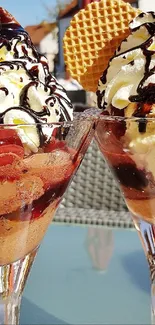 Ice cream sundaes with whipped cream and cherries in glass cups.