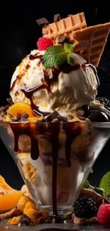 Ice cream sundae with chocolate syrup and berries.