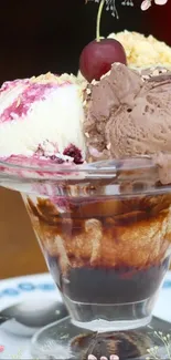 Ice cream sundae with chocolate and cherry on a wooden table.