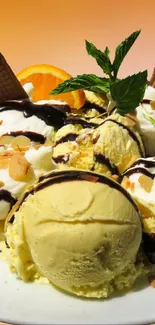 Vanilla ice cream sundae with waffles and chocolate syrup over orange background.