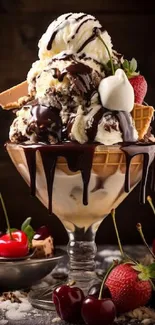 A delectable ice cream sundae with chocolate drizzle and fruit toppings.