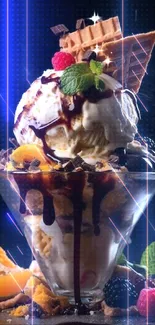 Vibrant ice cream dessert with chocolate and fruits in a glass bowl.