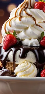 Ice cream sundae with strawberries and chocolate syrup.