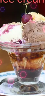 Delicious ice cream sundae in a glass with cherry on top.