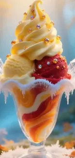 Vibrant ice cream with sprinkles in a fantasy setting.