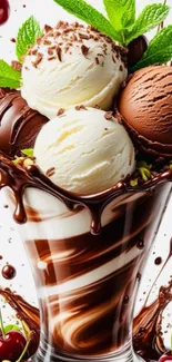 Ice cream in glass with chocolate drizzle and cherries.