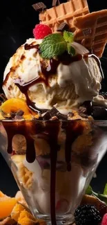 Ice cream sundae with chocolate and fruit on dark background.
