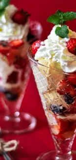 Colorful ice cream parfait with fruit and mint leaves in glass.