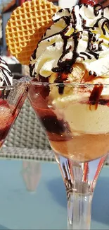 Glass parfaits with whipped cream, cherries, and chocolate outside.