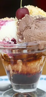 Delicious ice cream sundae with cherry topping.