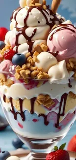 Vibrant ice cream sundae with chocolate syrup and mixed berries.