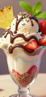 Ice cream sundae with strawberries and chocolate.