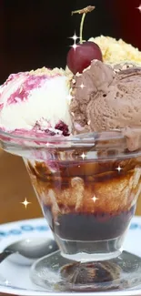 A delectable ice cream sundae with cherry on top in a glass bowl.