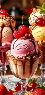 Three delicious ice cream sundaes with cherries and strawberries.