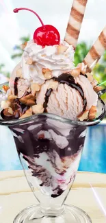 Refreshing ice cream sundae with cherry, whipped cream, and poolside view.