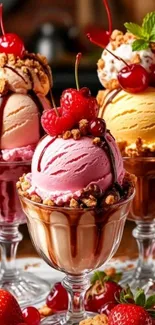 Colorful ice cream sundaes with cherries and syrup.