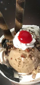 Ice cream sundae with cherry and chocolate sticks on dark background.