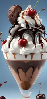 Ice cream cone with chocolate and cherries on top.