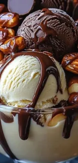 Close-up of ice cream with chocolate drizzle and almonds.