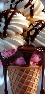 Ice cream cone with chocolate drizzle.