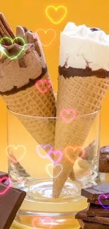 Two ice cream cones with chocolate in a glass against a warm yellow backdrop.