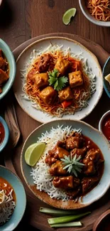 Assorted Indian dishes with rice and sauces on wooden table.