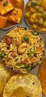 An appetizing spread of Indian cuisine with rice, curries, and snacks.