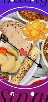 Colorful Indian food art with curry and roti.