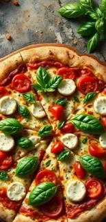 A delicious Italian pizza topped with tomatoes, cheese, and fresh basil.