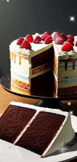 Vibrant layered cake with raspberries and cream on a wooden table.