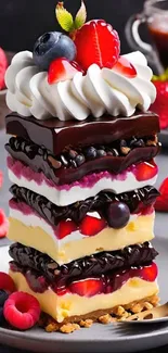 Layered berry dessert with whipped cream and chocolate.