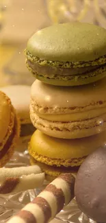 Colorful macarons stacked elegantly on a decorative plate.