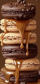 Stack of macarons with caramel and chocolate drizzles.