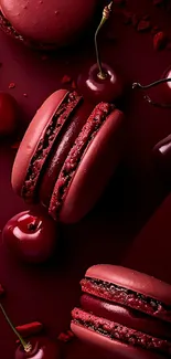 Red macarons with cherries on a dark background.