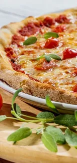 Close-up of a Margherita pizza slice with fresh herbs.