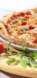 Close-up of a delicious Margherita pizza with fresh basil and cherry tomatoes.