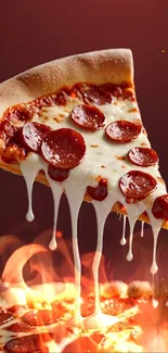 Gooey cheese pizza slice with pepperoni and flames.