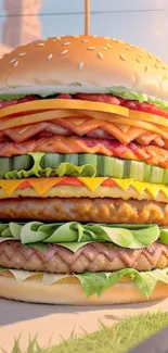 Vibrant multi-layered burger with fresh lettuce and cheese.