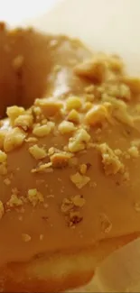 Close-up of a caramel-glazed donut with nuts.