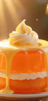 A delicious orange jelly dessert with whipped topping, beautifully lit.