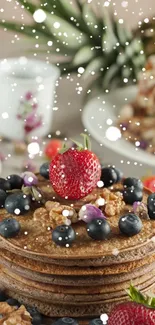 Stack of pancakes topped with berries and walnuts, ideal for breakfast inspiration.