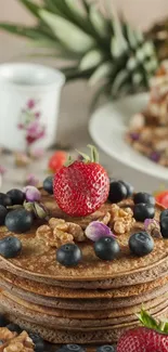 Stack of pancakes topped with berries and walnuts.