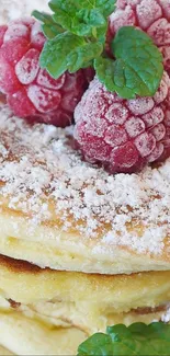 Stack of pancakes with raspberries and mint on a plate.