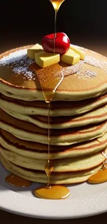 A tempting pancake stack with butter and syrup drizzled on top.