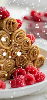 Stack of rolled pancakes with juicy raspberries.