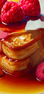 Golden pancakes with syrup and raspberries on a plate.