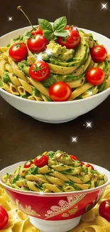 Mobile wallpaper of pasta dishes with cherry tomatoes.