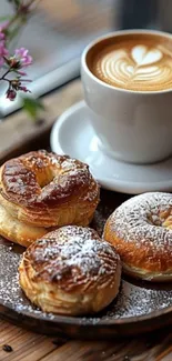 Cup of latte with pastries on tray