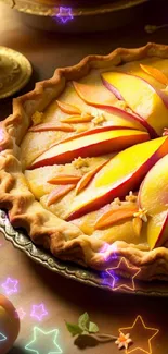 Golden peach tart with a decorative presentation on a rustic table.